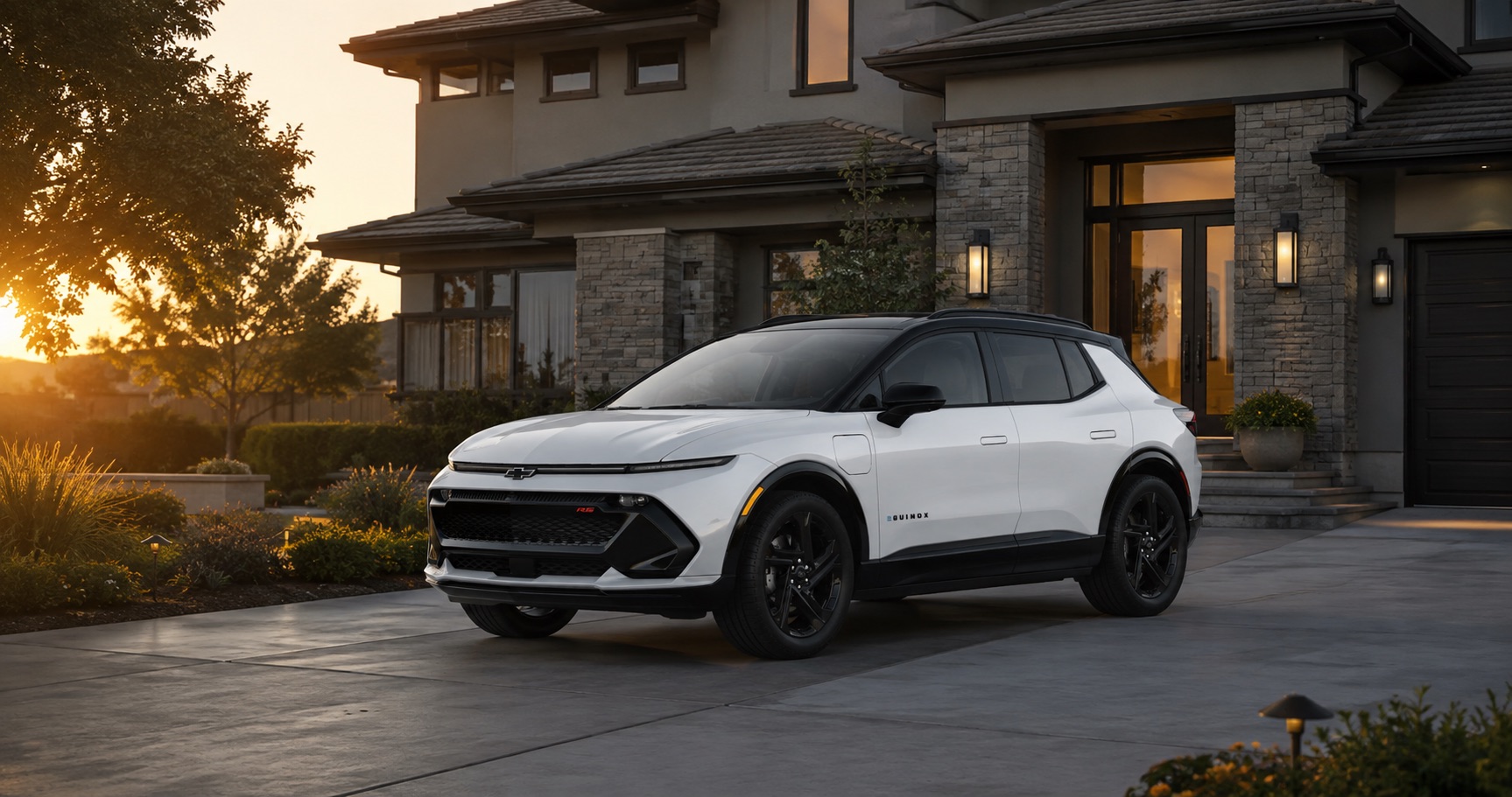 White Chevrolet Equinox EV RS parked in driveway at sunset in front of modern home highlighting black roof and sporty design.