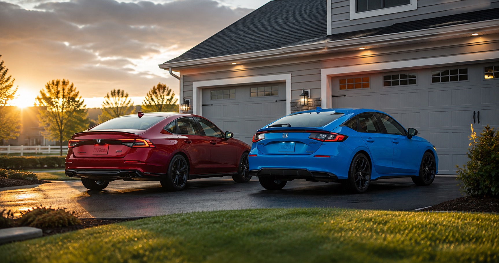 Red Honda Accord Hybrid and blue Honda Civic Hybrid parked side by side in driveway at sunrise in front of gray home highlighting rear styling and hybrid badging.