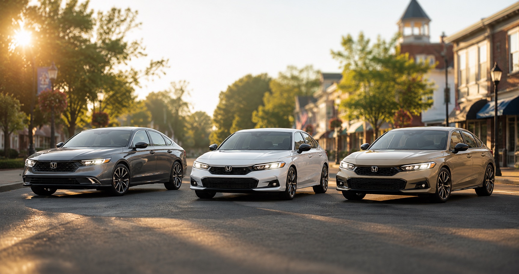 Three Honda Accord Hybrid sedans in gray white and beige parked on city street at sunrise showcasing front grille designs and trim level styling.