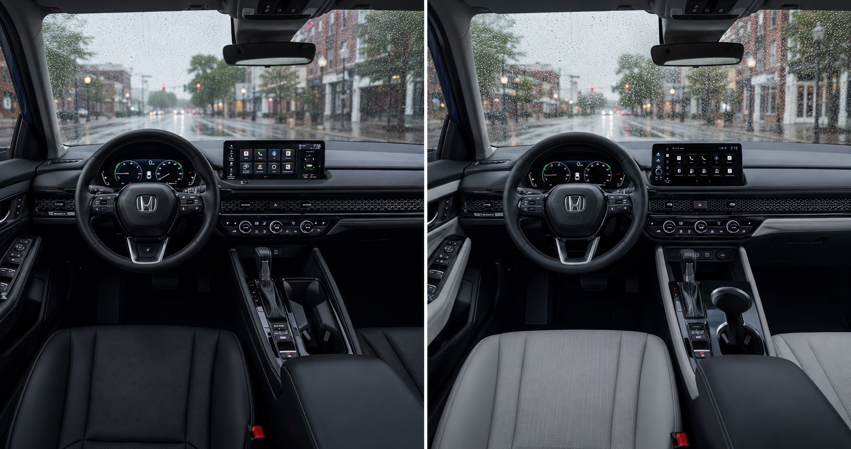 Side by side view of Honda Accord Hybrid and Civic Hybrid cabins showing dashboard layouts touchscreen displays and steering wheel designs with rain outside.