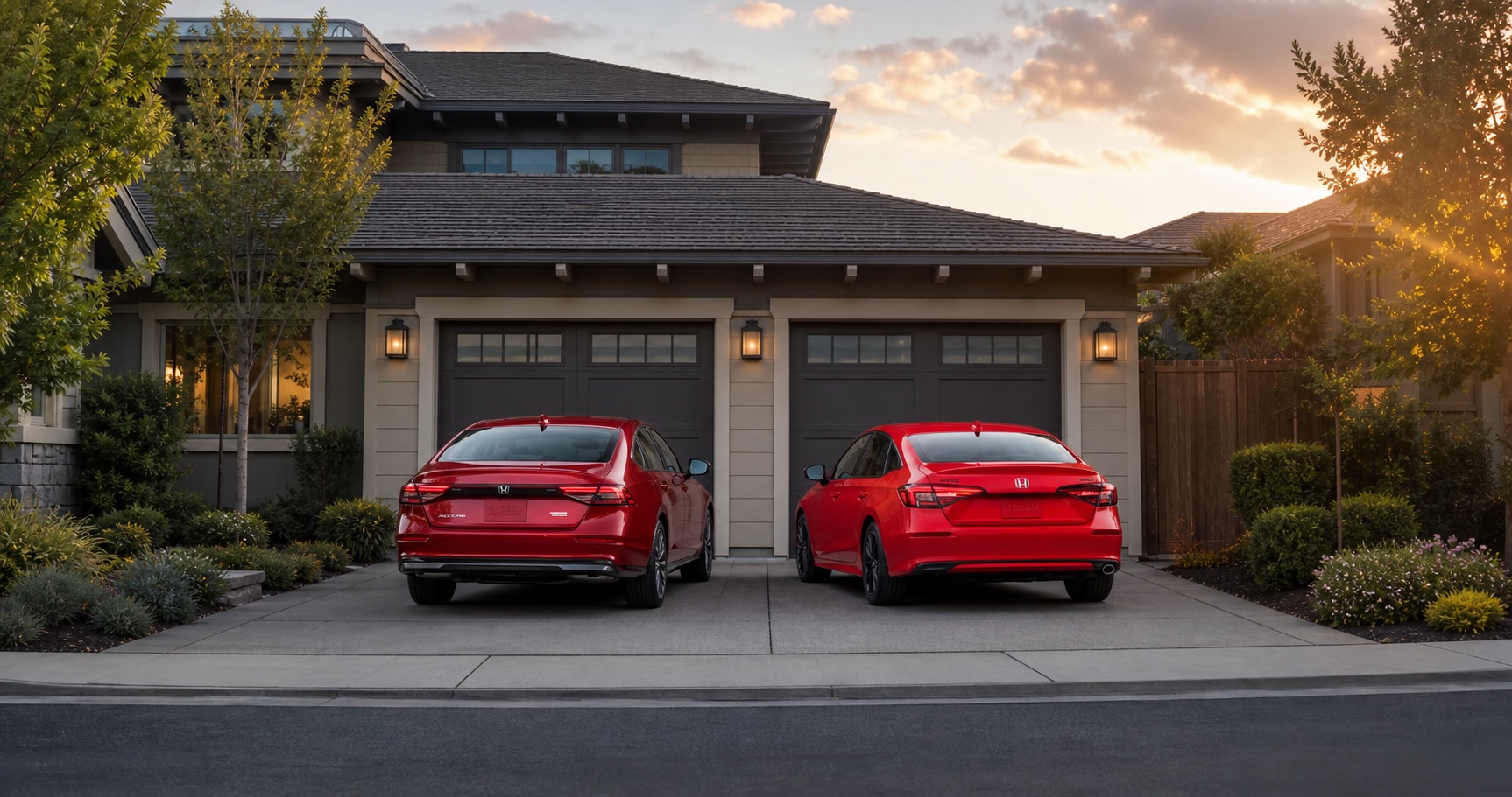 Red Honda Accord and red Honda Civic parked side by side in driveway at sunset in front of suburban home highlighting rear styling and design differences.