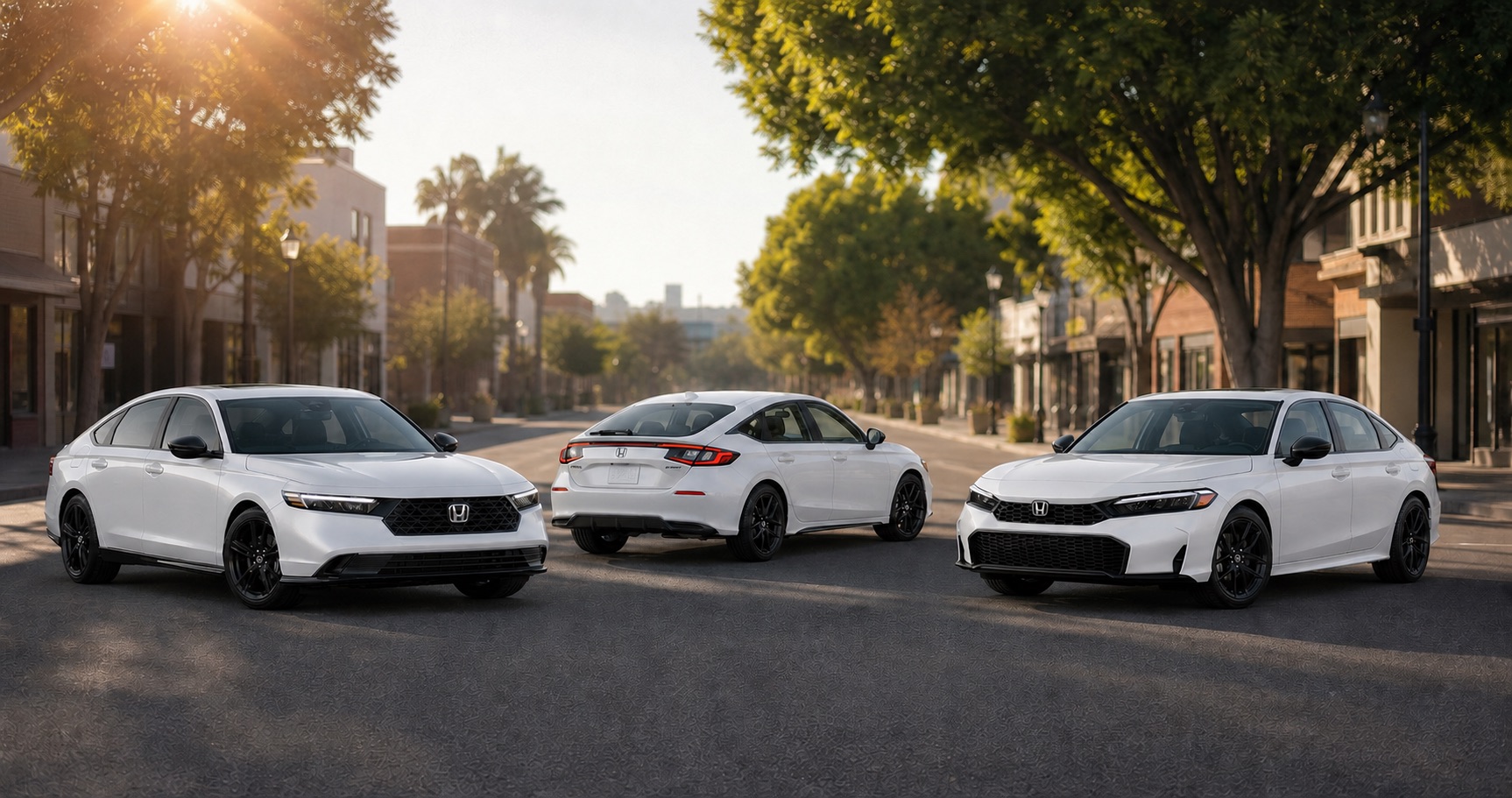 Three white Honda sedans parked on city street at sunrise showcasing front grille designs rear styling and trim level variations.