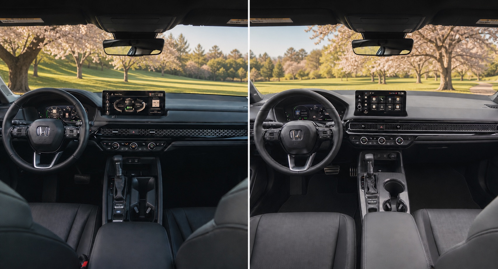 Side by side view of Honda Accord and Honda Civic cabins showing dashboard layouts touchscreen displays and steering wheel designs with park scenery outside.