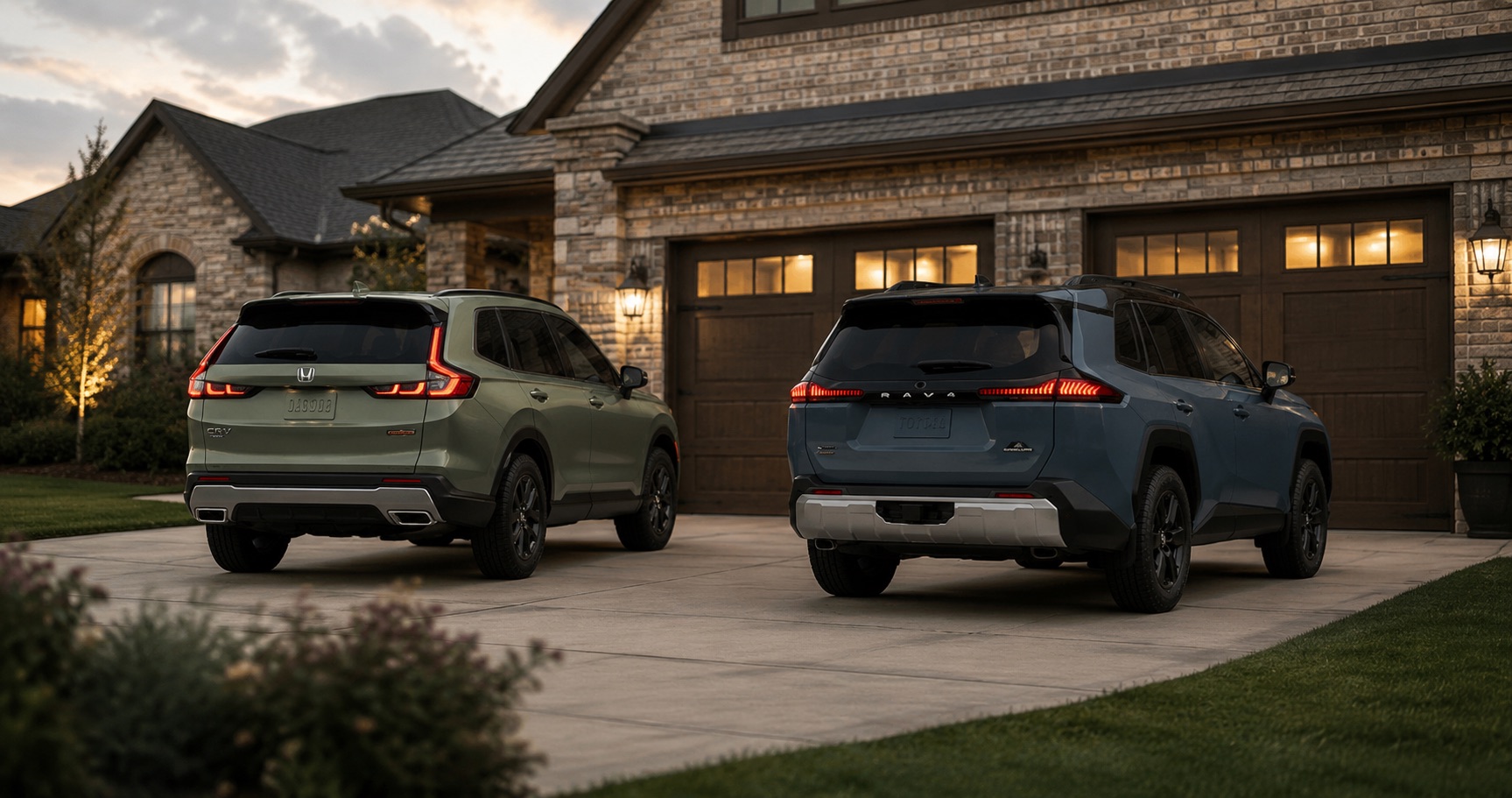Green Honda CR‑V and blue Toyota RAV4 parked side by side in driveway at sunset in front of brick home highlighting rear styling and design differences.
