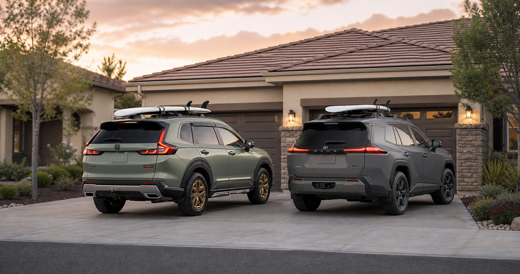 Green Honda CR‑V and gray Toyota RAV4 parked side by side in driveway at sunset in front of suburban home highlighting roof racks with surfboards and rugged styling differences.