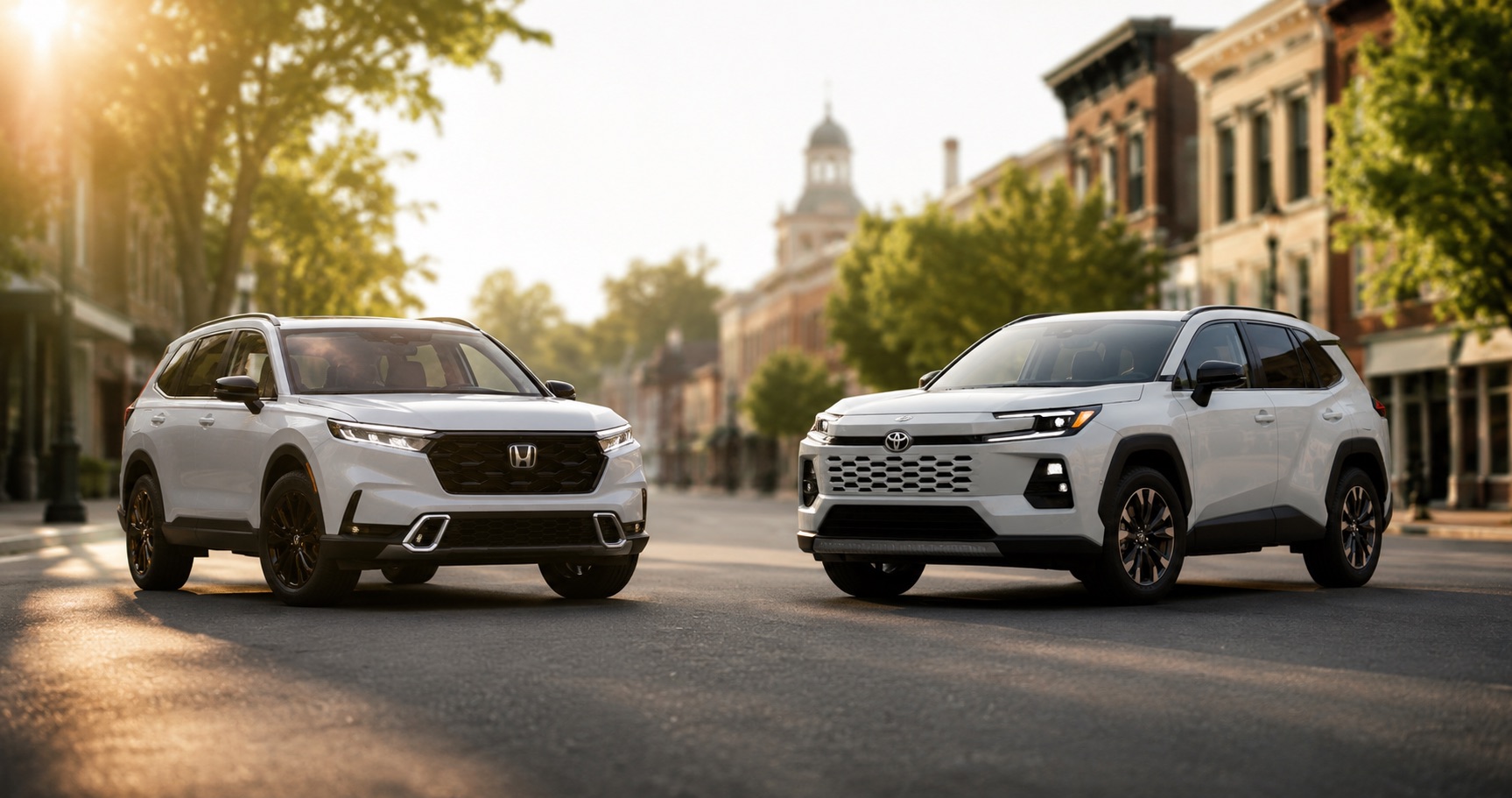 White Honda CR‑V and white Toyota RAV4 parked on city street at sunrise showcasing front grille designs and trim level styling.