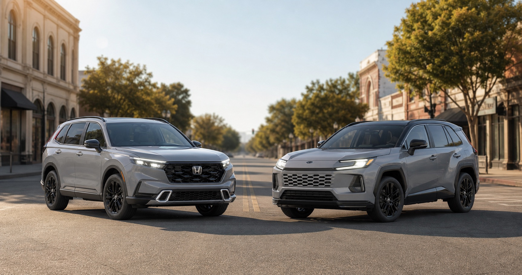 Gray Honda CR‑V and gray Toyota RAV4 parked on city street at sunrise showcasing front grille designs LED headlights and trim level styling.
