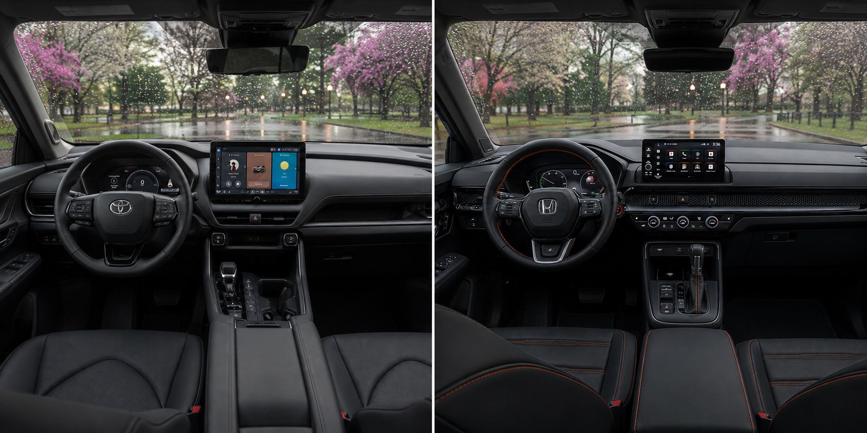 Side by side view of Honda CR‑V and Toyota RAV4 cabins showing dashboard layouts touchscreen displays and steering wheel designs with rain outside.