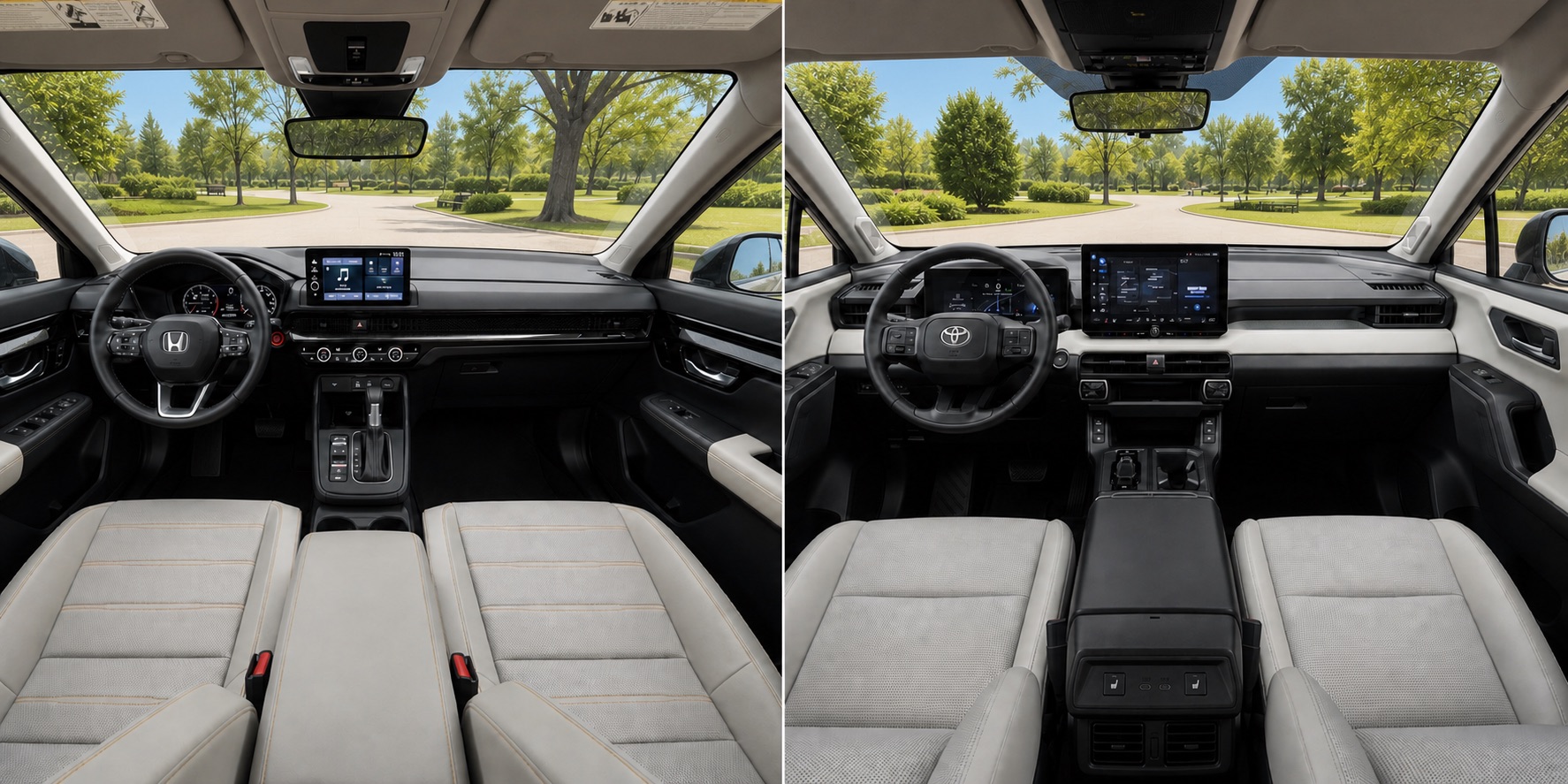 Side by side view of Honda CR‑V and Toyota RAV4 cabins showing dashboard layouts touchscreen displays and steering wheel designs with park scenery outside.