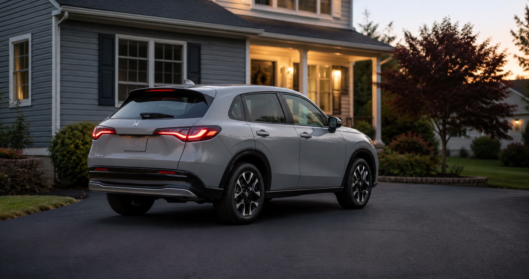 Silver Honda HR‑V parked in driveway at dusk in front of suburban home highlighting rear styling and LED taillights.