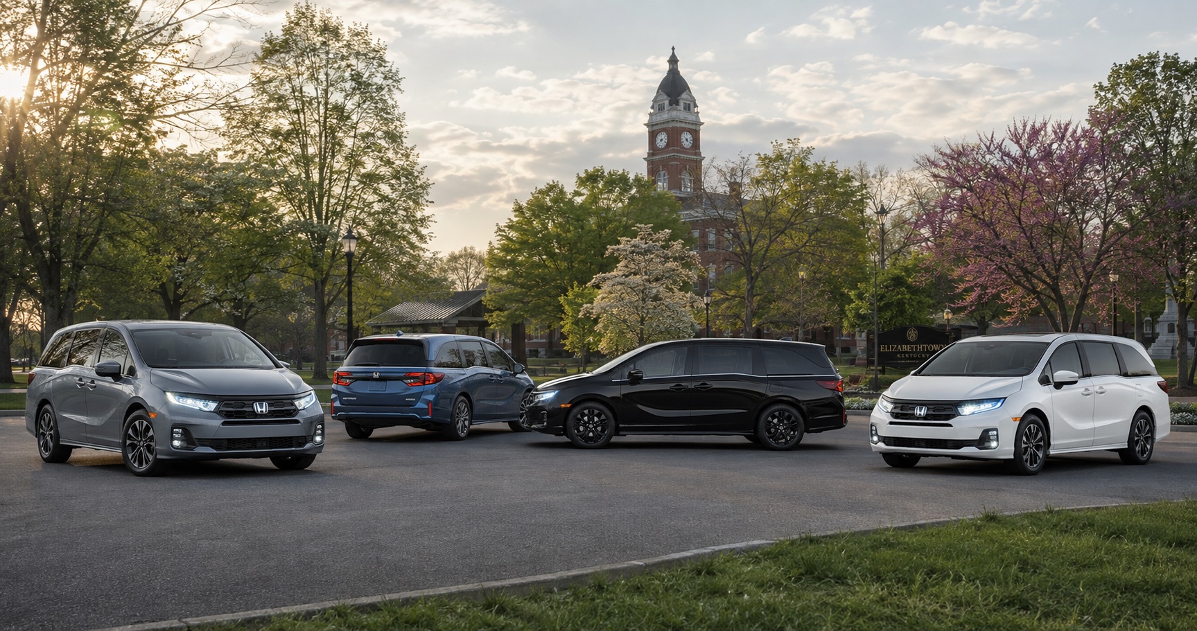 Four Honda Odyssey minivans in gray blue black and white parked near town square at sunset showcasing full trim range and color options.