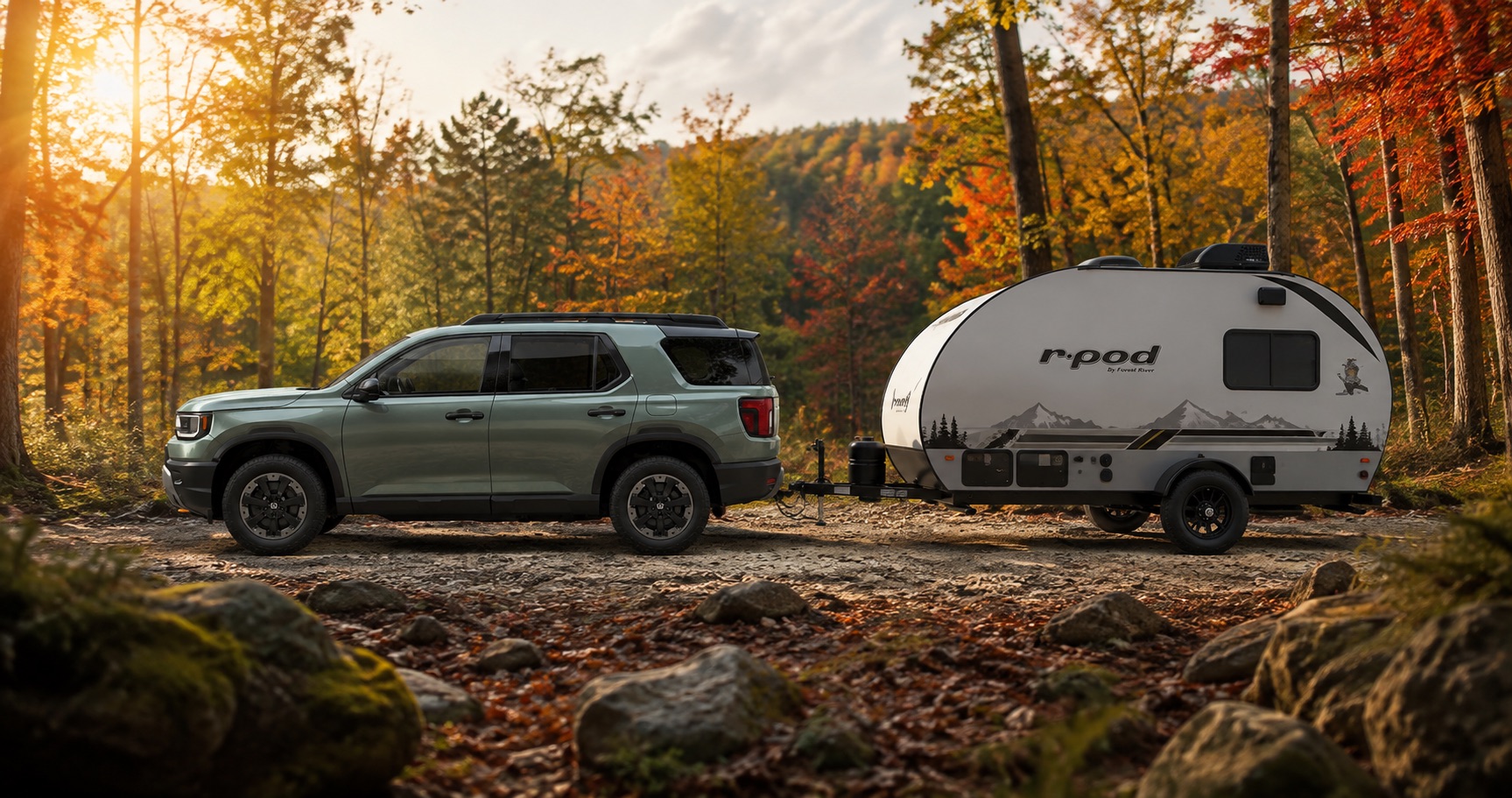 Green Honda Passport TrailSport towing small r pod camper through forest at sunrise showcasing off road capability and towing strength.