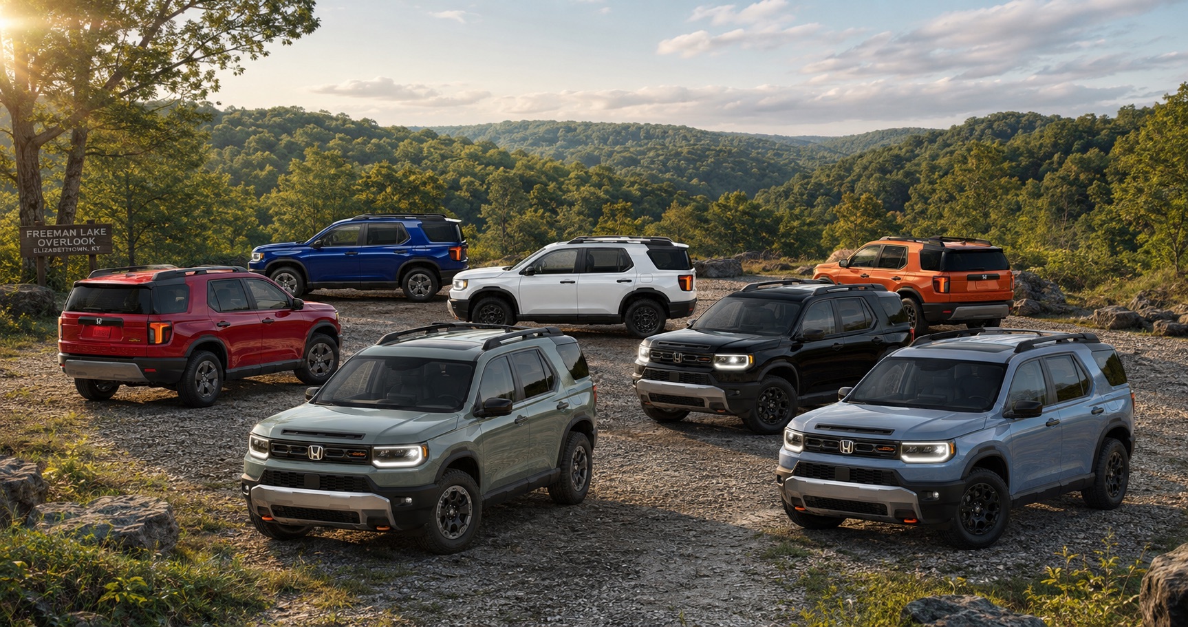 Six Honda Passport SUVs in red blue white orange gray and green parked at Freeman Lake Overlook highlighting full trim range and color options.