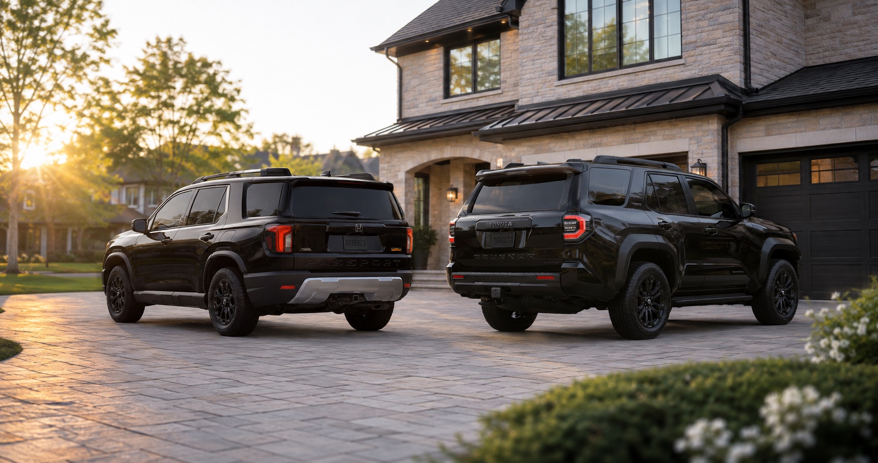 Black Honda Passport and Toyota 4Runner parked side by side in driveway at sunset in front of modern home highlighting rugged styling and rear design.
