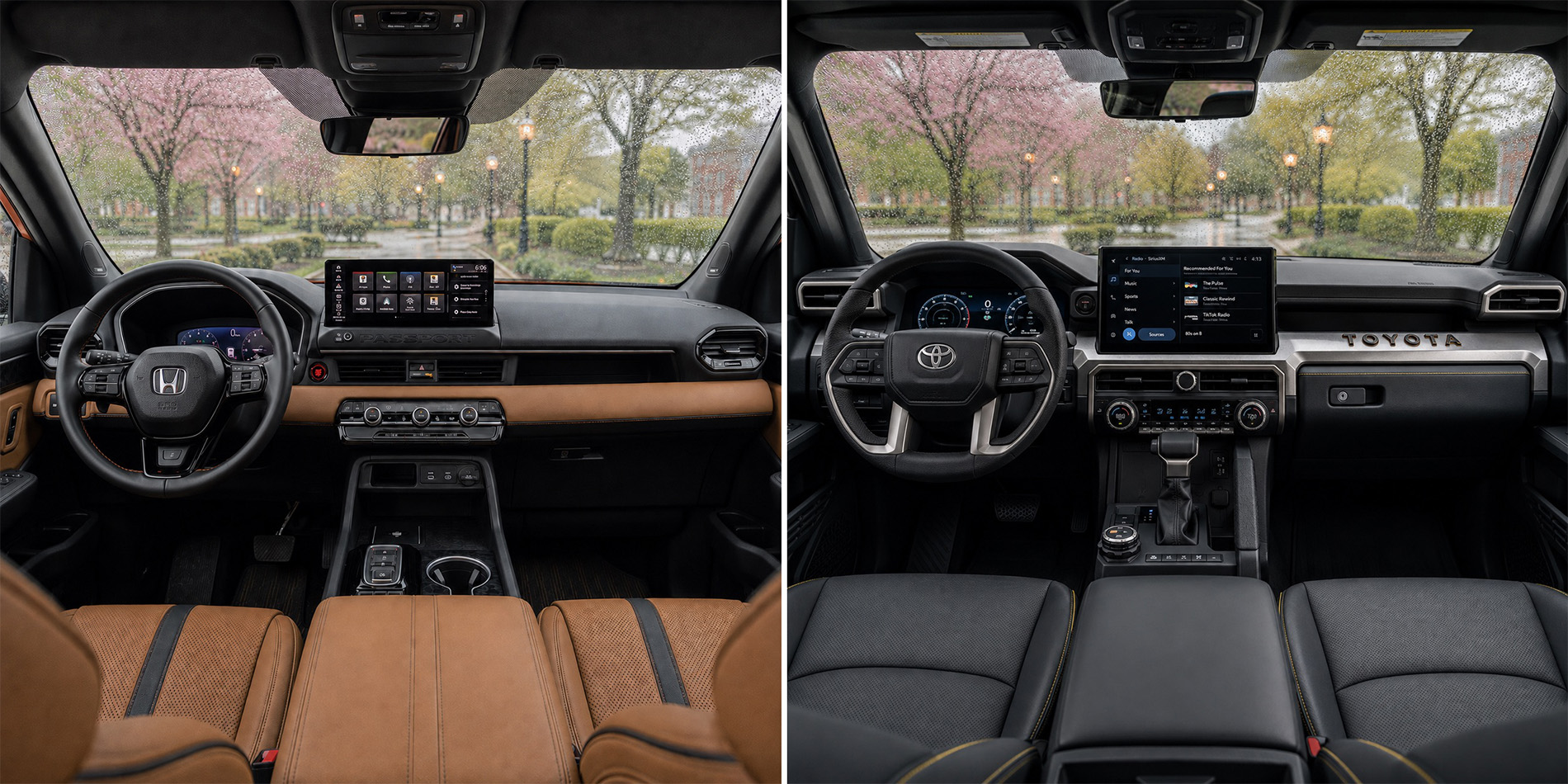 Side by side view of Honda Passport and Toyota 4Runner cabins showing dashboard layouts touchscreen displays and steering wheel designs with rain outside.