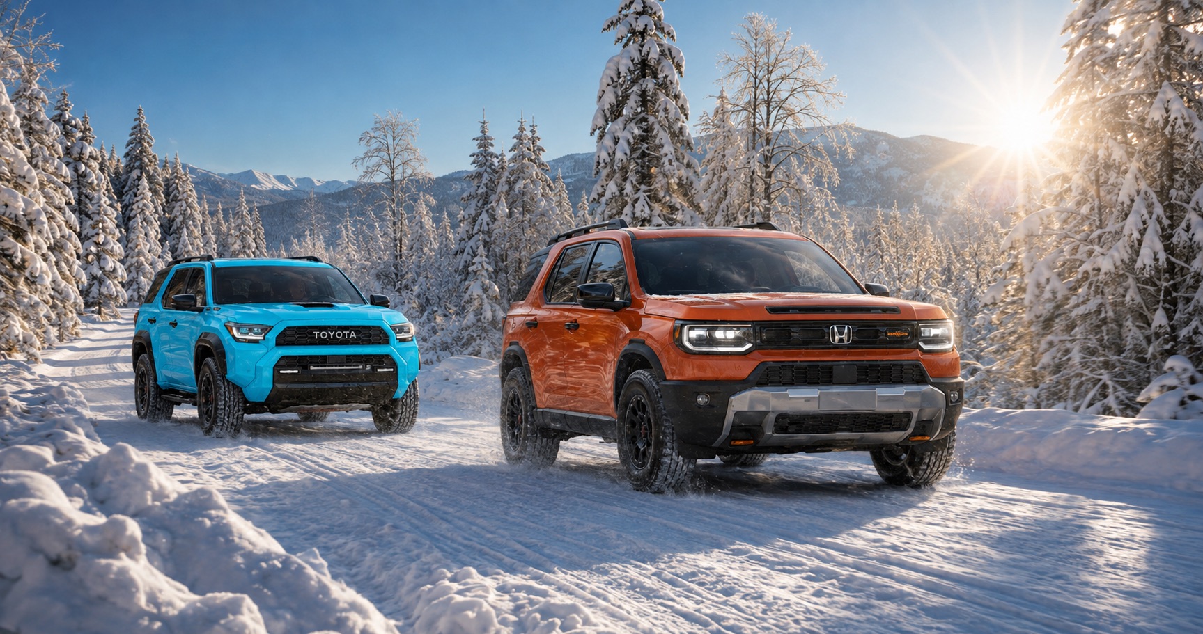 Orange Honda Passport and blue Toyota 4Runner driving through snowy forest road at sunrise emphasizing off road capability and winter performance.
