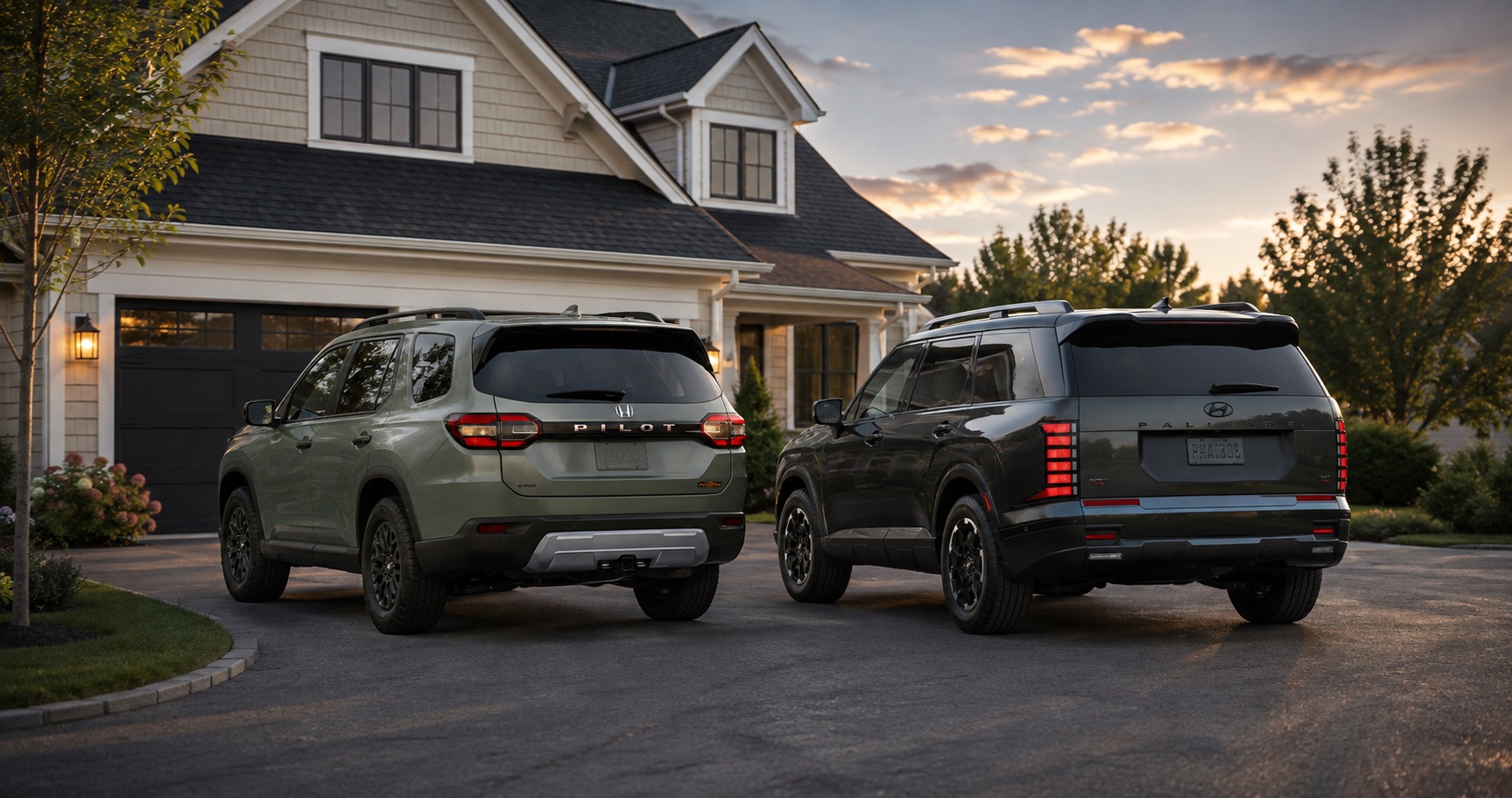 Green Honda Pilot and gray Hyundai Palisade parked side by side in driveway at sunset in front of suburban home highlighting rear styling and design differences.