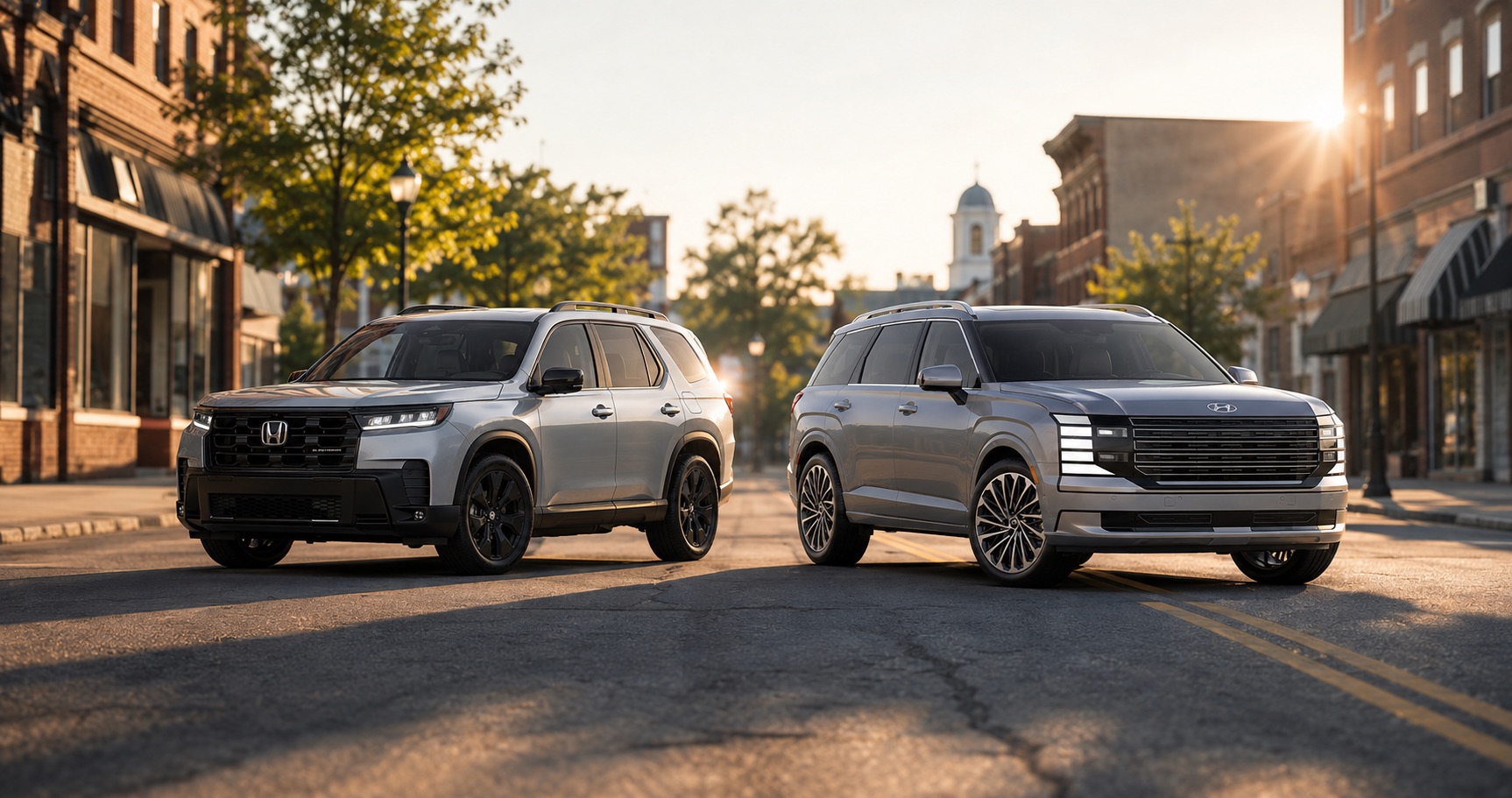 Silver Honda Pilot and silver Hyundai Palisade parked on city street at sunrise showcasing front grille designs and trim level styling.