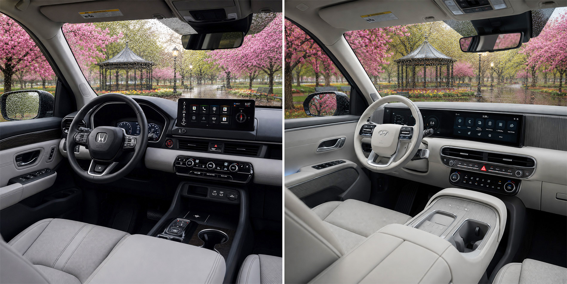 Side by side view of Honda Pilot and Hyundai Palisade cabins showing dashboard layouts touchscreen displays and steering wheel designs with rain outside.