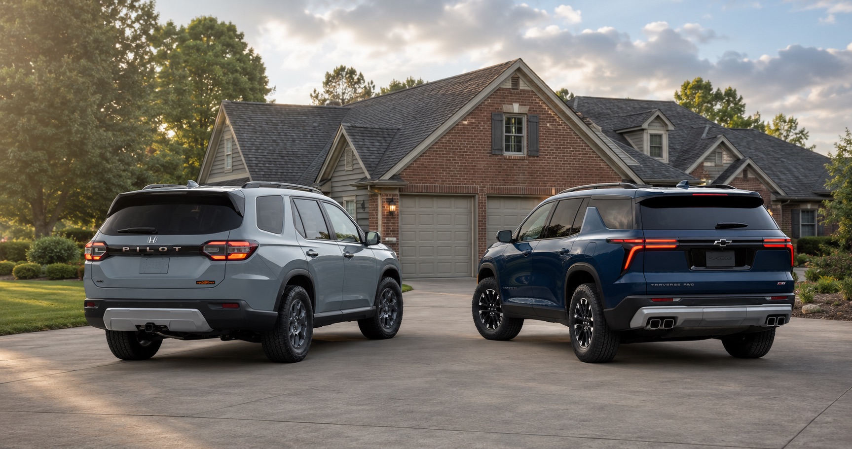 Gray Honda Pilot and blue Chevrolet Traverse parked side by side in driveway at sunset in front of brick home highlighting rear styling and design differences.