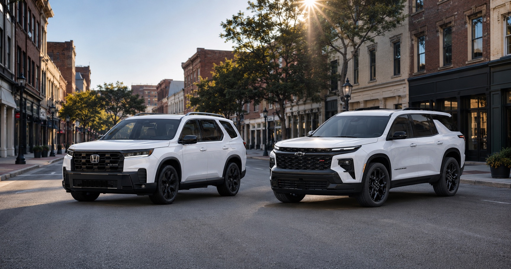 White Honda Pilot and white Chevrolet Traverse parked on city street at sunrise showcasing front grille designs and trim level styling.