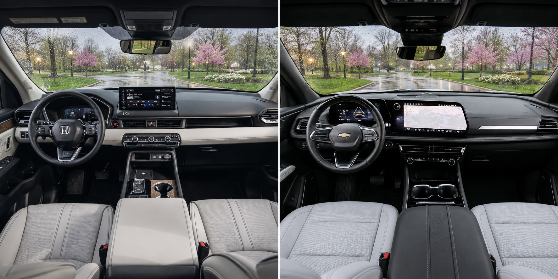 Side by side view of Honda Pilot and Chevrolet Traverse cabins showing dashboard layouts touchscreen displays and steering wheel designs with rain outside.