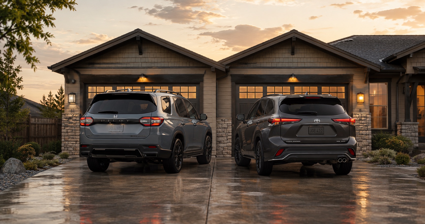 Gray Honda Pilot and gray Toyota Highlander parked side by side in driveway at sunset in front of suburban home highlighting rear styling and design differences.