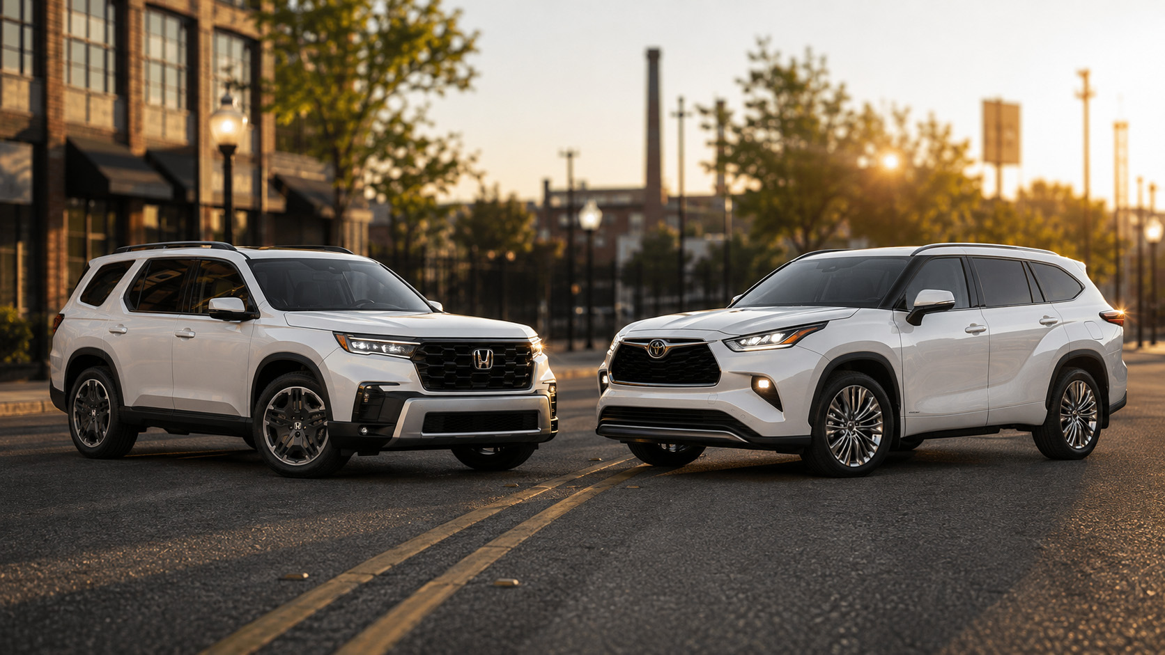 White Honda Pilot and white Toyota Highlander parked on city street at sunrise showcasing front grille designs and trim level styling.