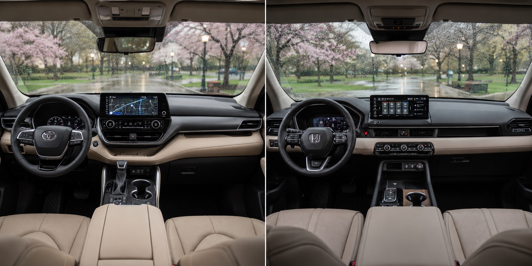 Side by side view of Honda Pilot and Toyota Highlander cabins showing dashboard layouts touchscreen displays and steering wheel designs with rain outside.