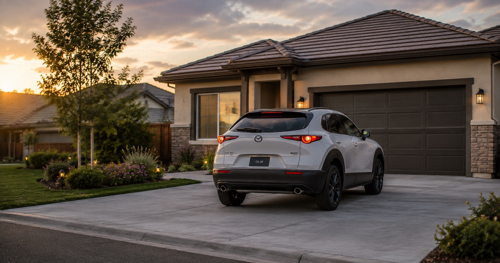White 2026 Mazda CX-30 parked in a residential driveway near Tracy, California