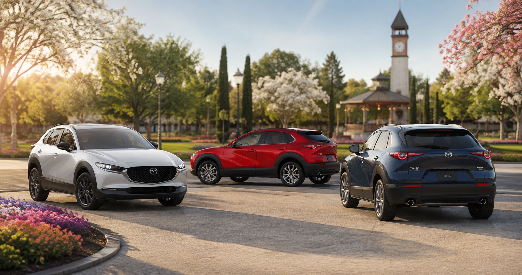 Black Mazda CX‑30 driving on winding country road at sunrise surrounded by hills and trees showcasing sleek front design and performance.