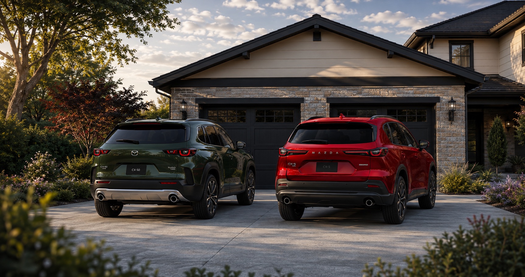 Green Mazda CX‑50 and red Mazda CX‑5 parked side by side in driveway at sunset in front of stone home highlighting rear styling and design differences.