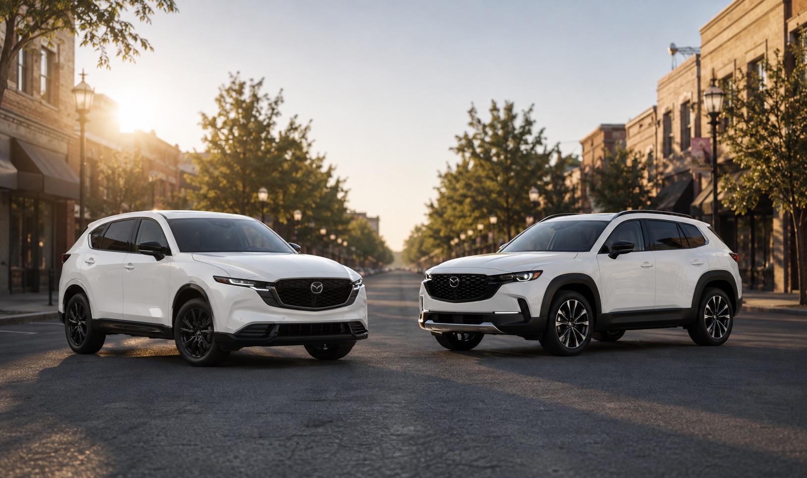 White Mazda CX‑5 and white Mazda CX‑50 parked on city street at sunrise showcasing front grille designs and trim level styling.