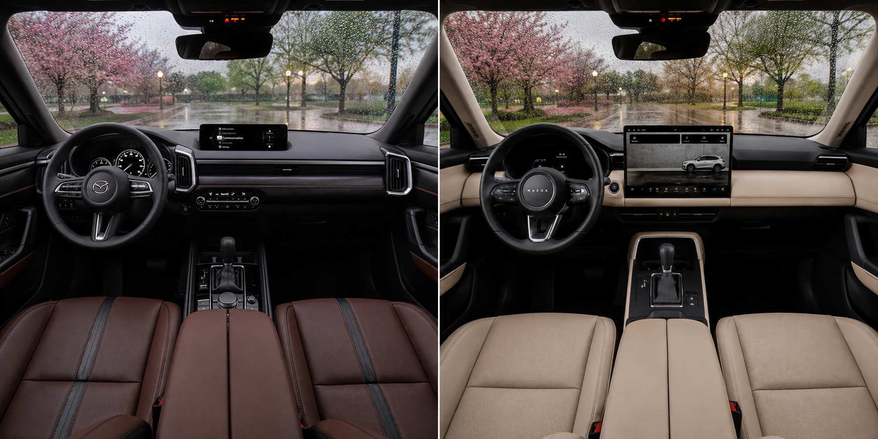 Side by side view of Mazda CX‑5 and Mazda CX‑50 cabins showing dashboard layouts touchscreen displays and steering wheel designs with rain outside.
