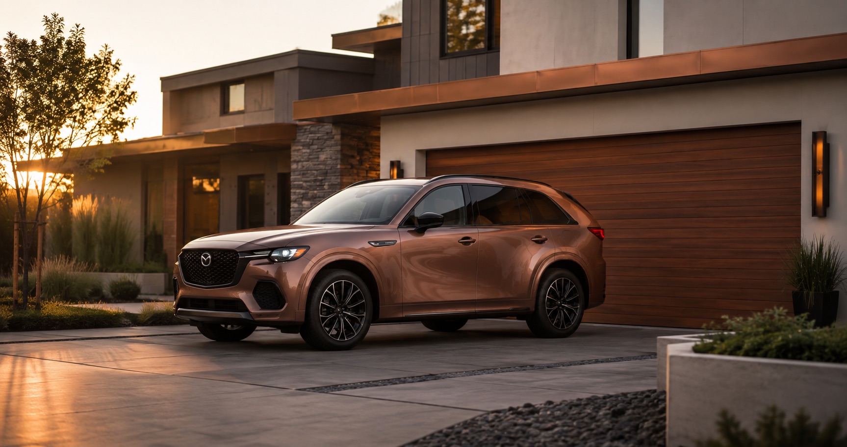Copper Mazda CX‑70 parked in front of modern house at dusk emphasizing front grille design and premium exterior details.