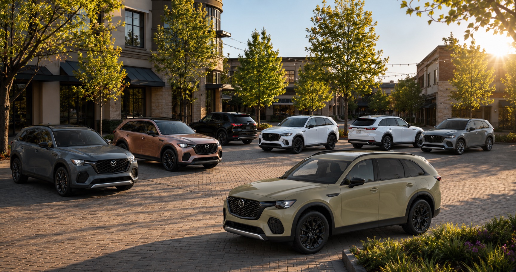 Seven Mazda CX‑70 SUVs in tan copper white gray and black parked in plaza at sunset highlighting full trim range and color options.