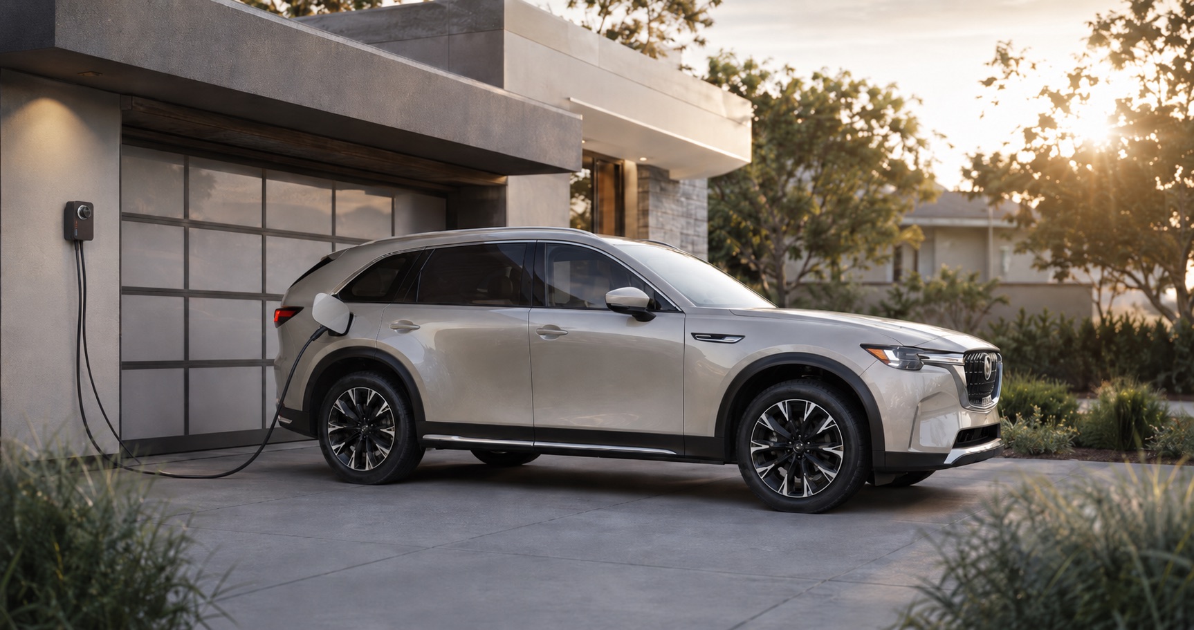 Platinum Quartz Metallic Mazda CX‑90 PHEV parked in driveway charging at home station during sunrise highlighting modern design and electric capability.