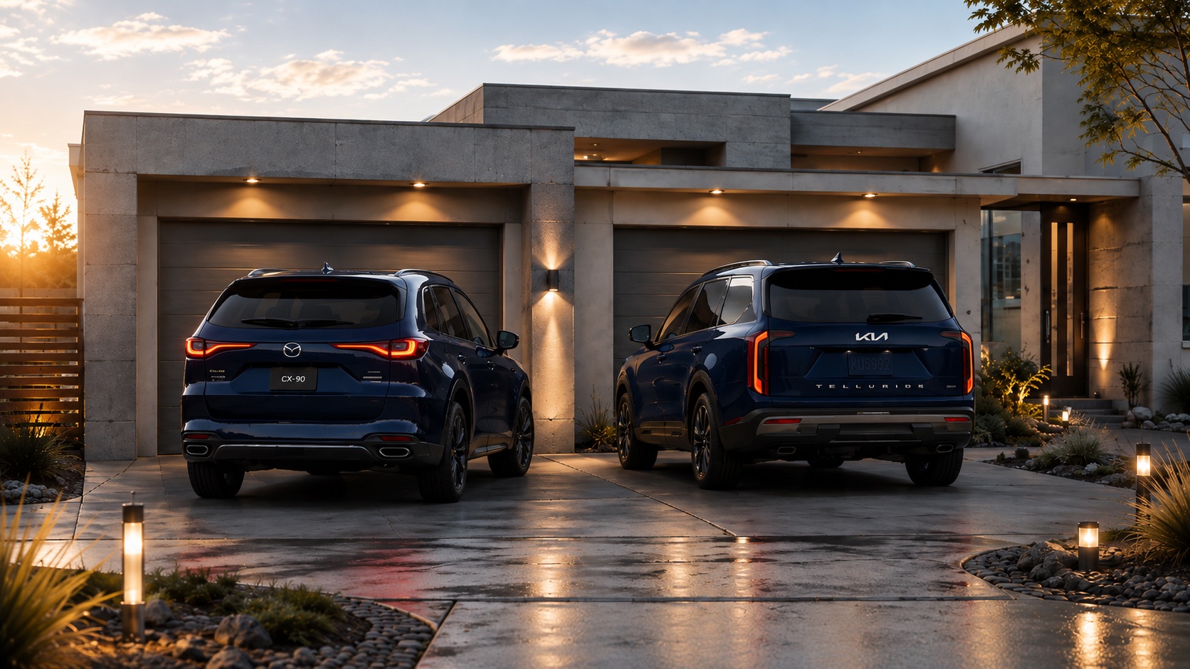 Blue Mazda CX‑90 and blue Kia Telluride parked side by side in driveway at sunset in front of modern concrete home highlighting rear styling and design differences.