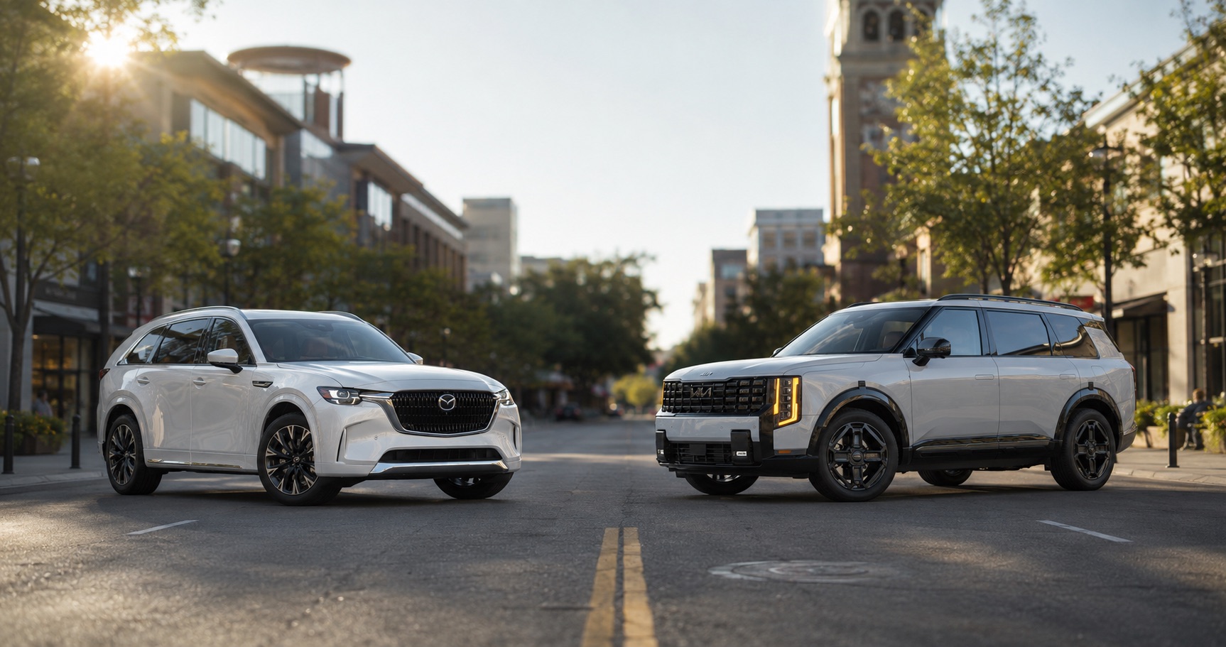 White Mazda CX‑90 and silver Kia Telluride parked on city street at sunrise showcasing front grille designs and trim level styling.