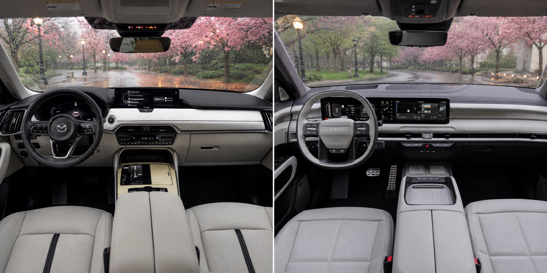 Side by side view of Mazda CX‑90 and Kia Telluride cabins showing dashboard layouts touchscreen displays and steering wheel designs with rain outside.
