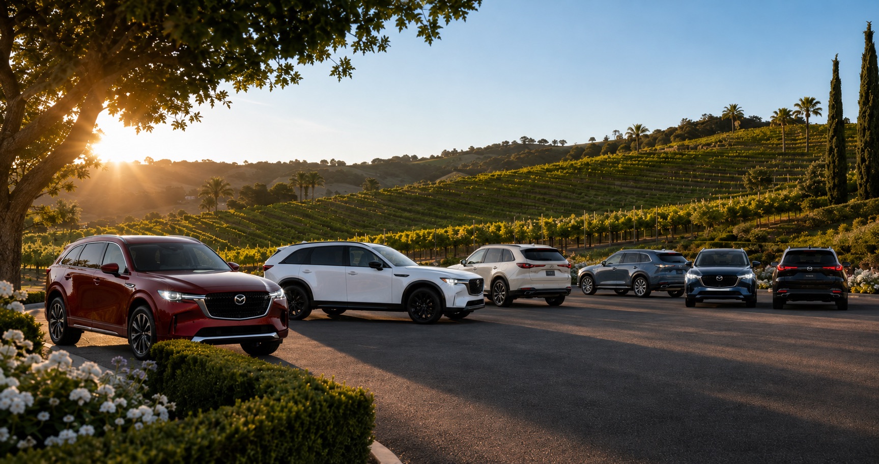 Six Mazda CX‑90 SUVs in red white silver blue and black parked near vineyard at sunset showcasing full trim range and color options.