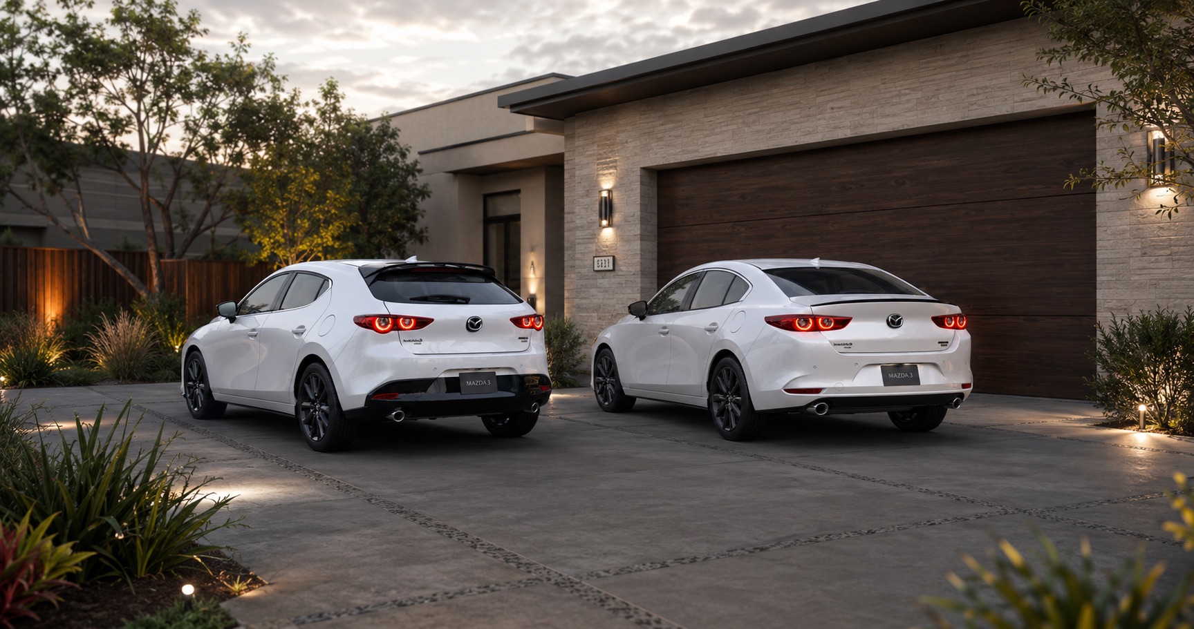 White Mazda3 Hatchback and Sedan parked together in a residential driveway near Tracy, California