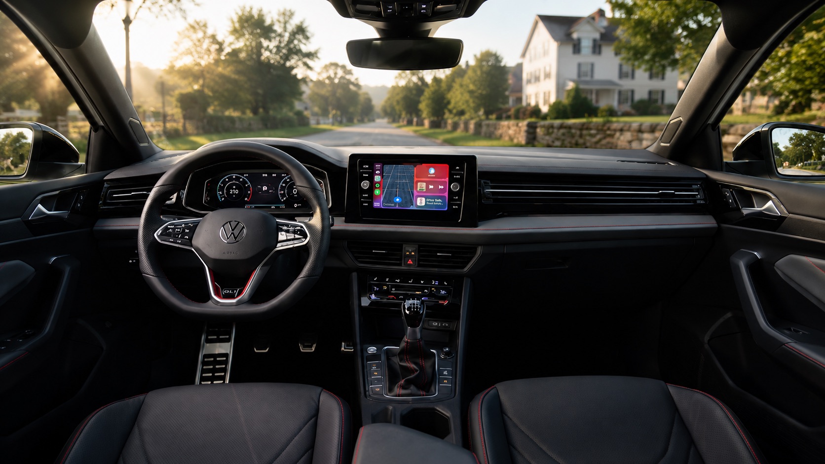 Volkswagen Jetta GLI cabin with black seats red stitching digital display and manual transmission showing steering wheel and infotainment screen.