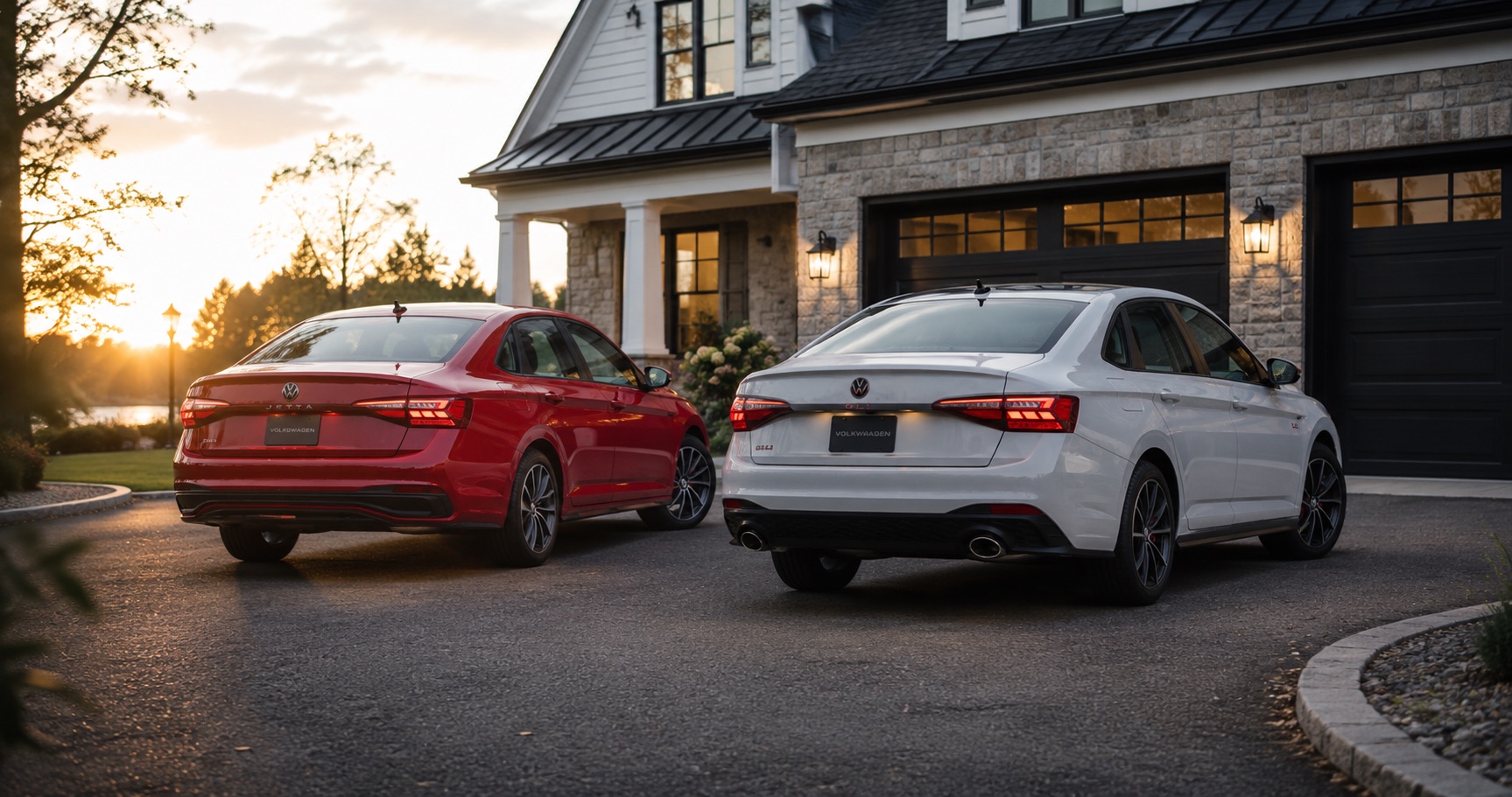 Red Volkswagen Jetta and white Jetta GLI parked side by side in driveway at sunset in front of stone home highlighting rear styling and dual exhaust design.