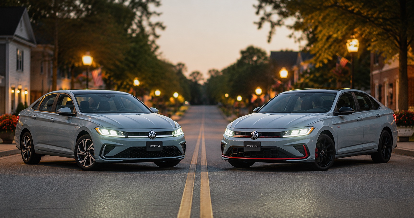 Silver Volkswagen Jetta and Jetta GLI parked on city street at dusk showcasing front grille designs LED headlights and sporty trim differences.