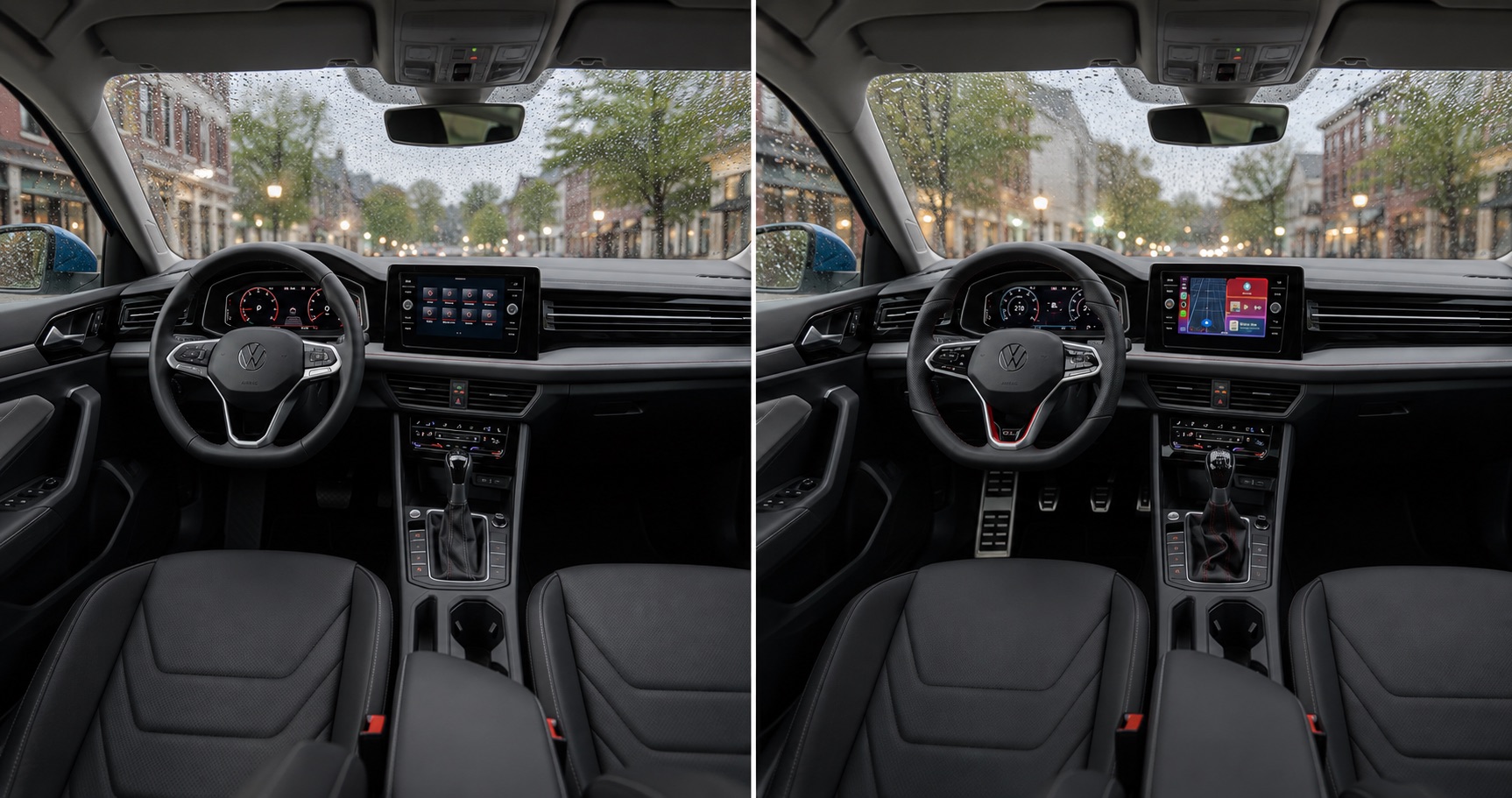 Side by side view of Volkswagen Jetta and Jetta GLI cabins showing dashboard layouts touchscreen displays and steering wheel designs with rain outside.