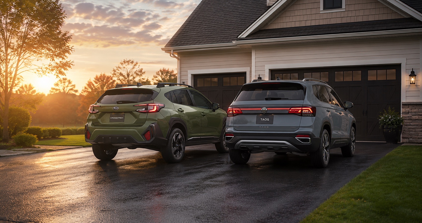 Gray-Blue Volkswagen Taos and green Subaru Crosstrek parked side by side in driveway at sunrise in front of suburban home highlighting rear styling and design differences.