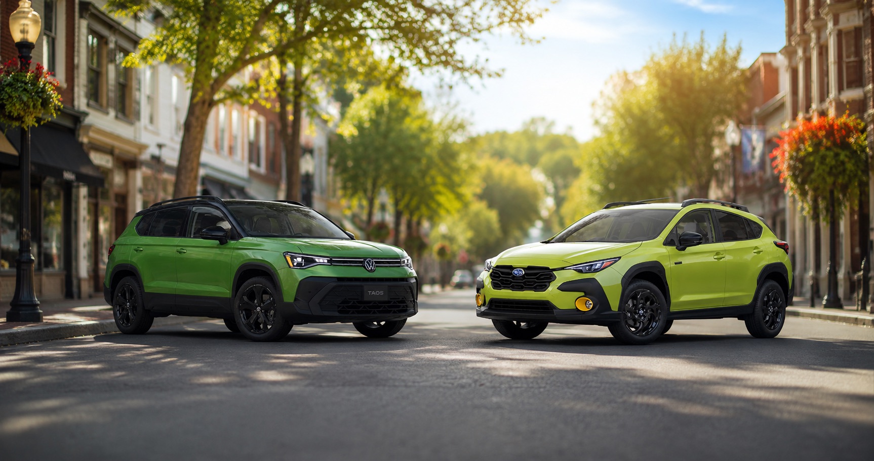 Green Volkswagen Taos and yellow Subaru Crosstrek parked on city street at sunrise showcasing front grille designs and vibrant color contrast.