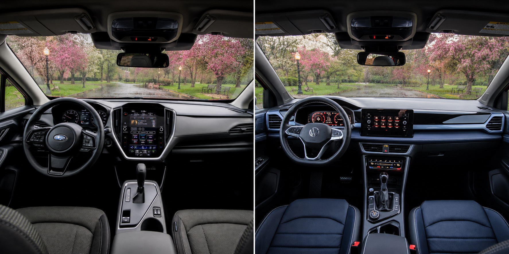Side by side view of Volkswagen Taos and Subaru Crosstrek cabins showing dashboard layouts touchscreen displays and steering wheel designs with rain outside.