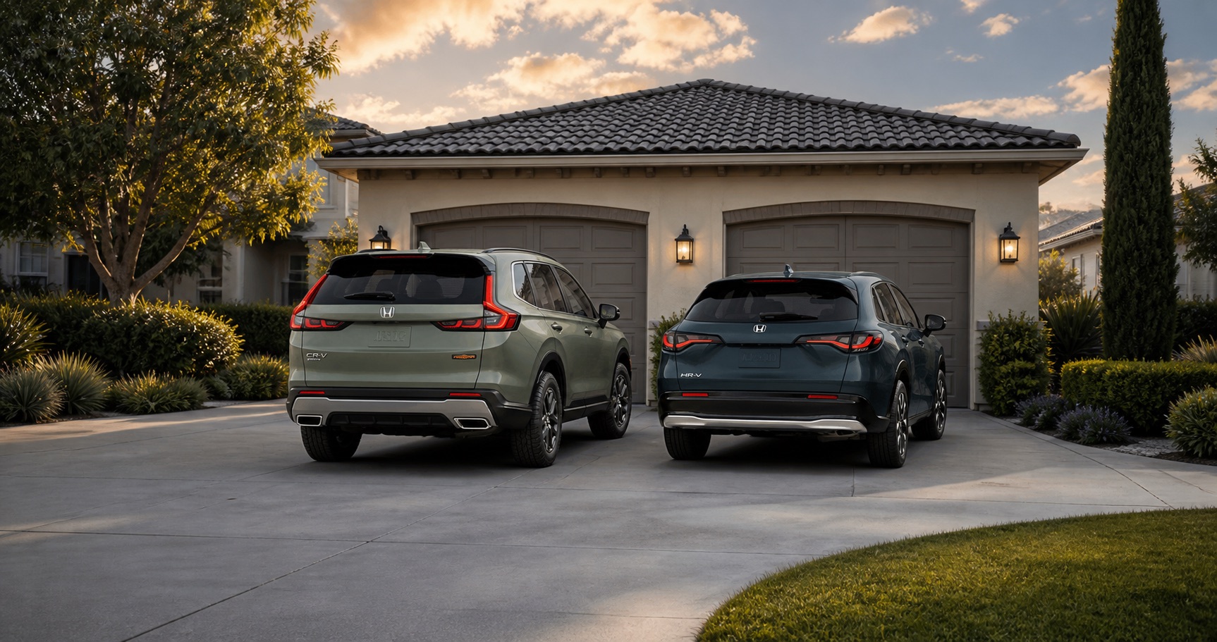 Green Honda CR‑V and teal Honda HR‑V parked side by side in driveway at sunset in front of suburban home highlighting rear styling and size differences.